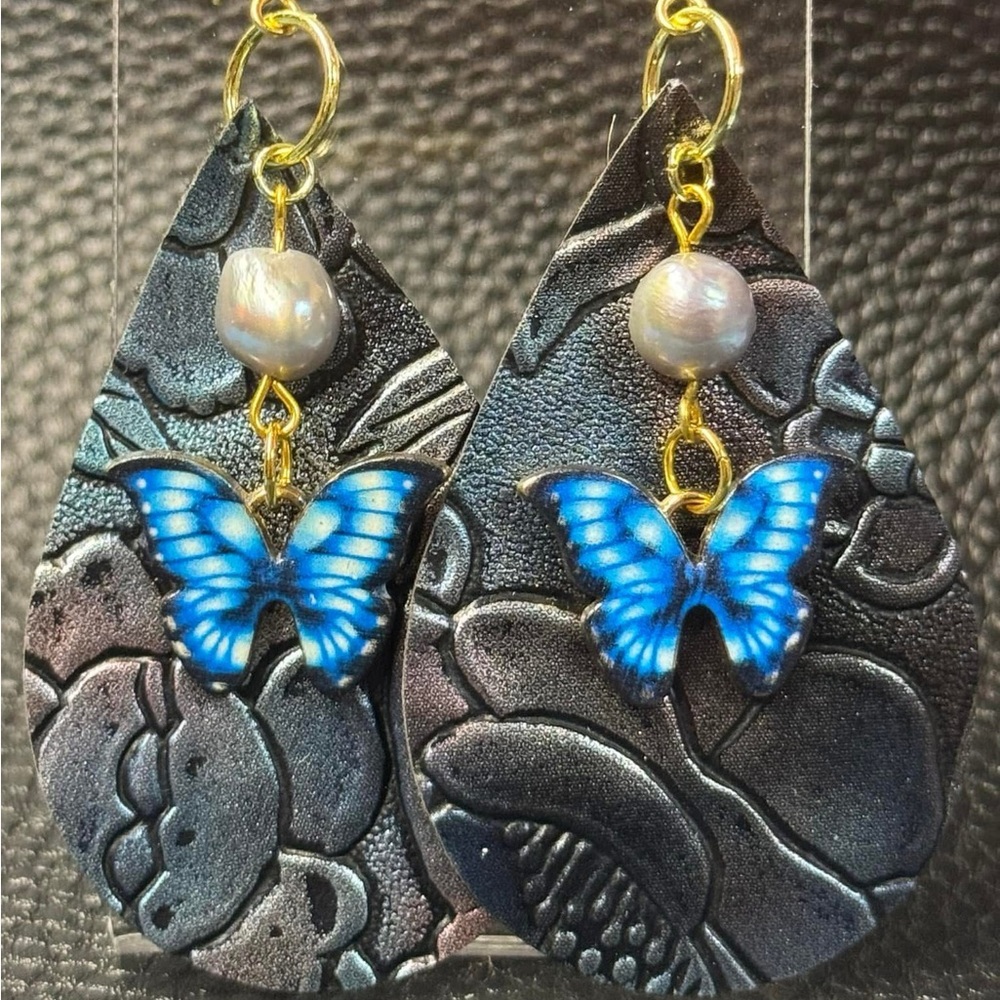 Handmade black/blue iridescent, embossed faux leather earrings with butterflies